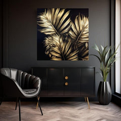 Със златен печат картина на платно с мотив Timeless Elegance, природа в златно-черно нюанси, изтънчена атмосфера, луксозно впечатление и тропически рай – продукт